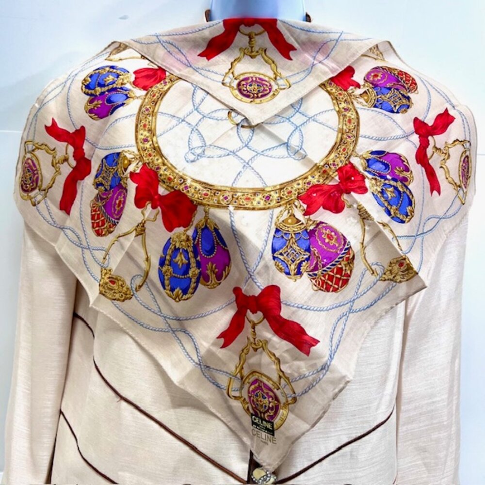 New Sticker On Celine Paris 19"MiniScarf/Handk+2 Other Beige floral  cotton (5 - Picture 7 of 11